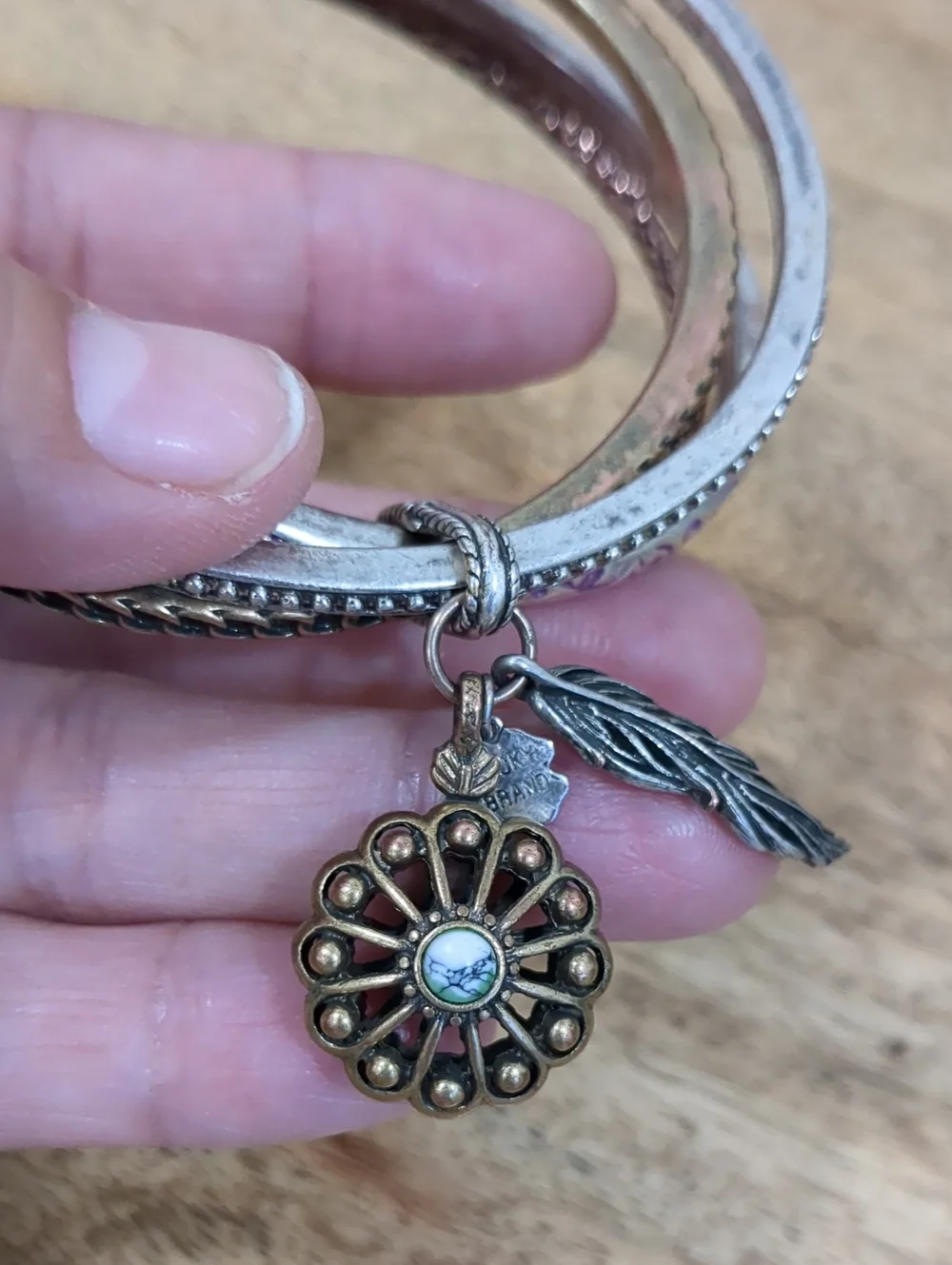 LUCKY BRAND Mixed Metal Floral Charm Bangle Set - Gold & Silver